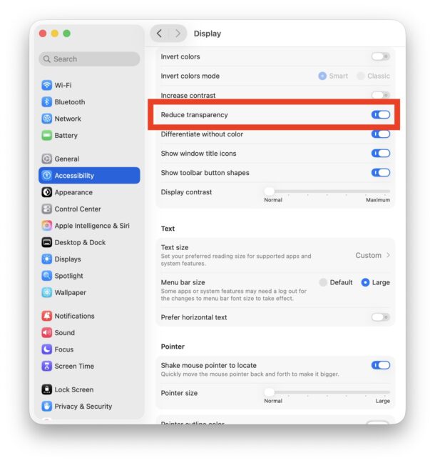 Turning on Reduce transparency to speed up macOS Tahoe on older Macs